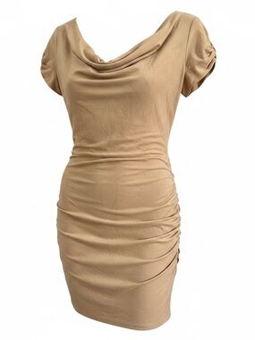 Bebe Faux Suede Draped Neck Ruched Sheath Mini Dress in Camel